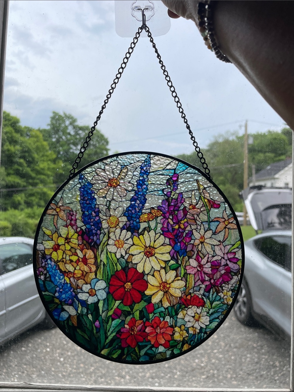 Floral Stained Glass Window Hanging - Multicolor